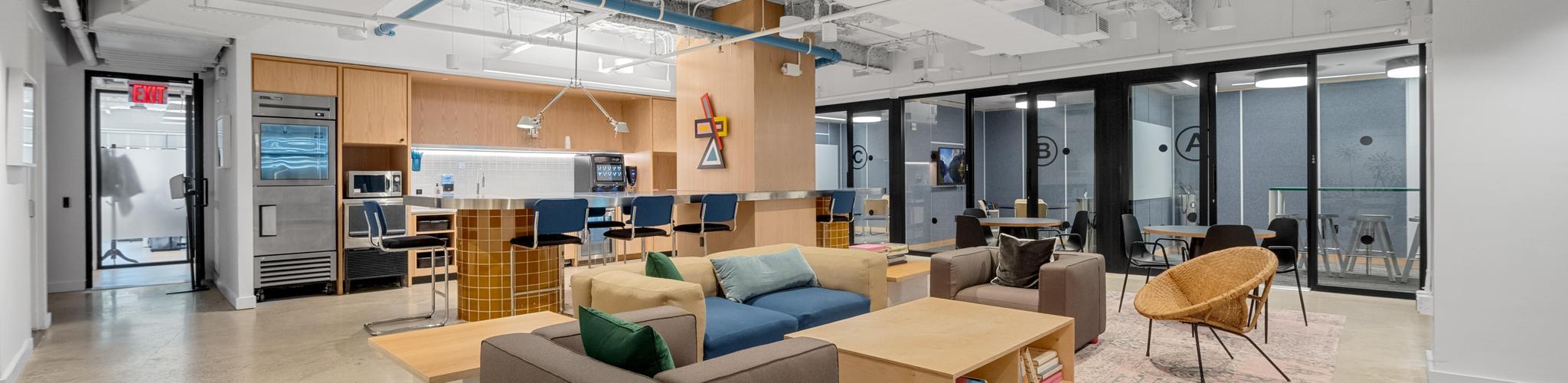 Corporate Party Venue - open office lounge setting - open ceilings, cafe, lounge & seating in Midtown East — event space in Midtown East